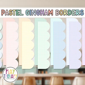 Puede incluir: Bordes de cuadros de vichy pastel en varios colores, incluyendo rosa, amarillo, azul y verde. Cada borde tiene un borde festoneado y un patrón de cuadros de vichy. El texto "PASTEL GINGHAM BORDERS" está en la parte superior.
