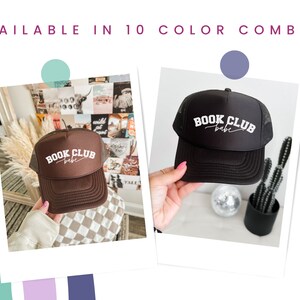 Peut inclure: Deux casquettes de camionneur brunes et noires avec du texte blanc qui dit "Book Club Babe".
