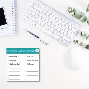 May include: A teal checklist with the title "Grooming Routine Checklist" and a list of grooming tasks including "Use Restroom", "Wash Hands", "Take Shower/Bath", "Brush Hair", "Brush/Floss Teeth", and "Get Dressed".