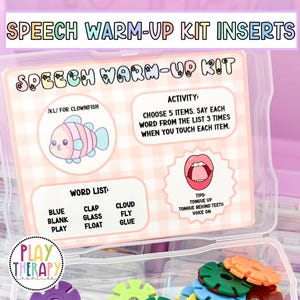 May include: A speech warm-up kit insert with the text "Speech Warm-Up Kit Inserts" at the top. The insert includes a cartoon clownfish, a word list, and activity instructions. The kit is designed for speech therapy.