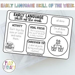 Puede incluir: Una hoja de actividades educativas en blanco y negro para el desarrollo temprano del lenguaje. La hoja incluye texto como "Early Language Skill of the Week", "Activity", "Goal Focus" y "Caregiver Tip". Está en un recipiente de plástico transparente.