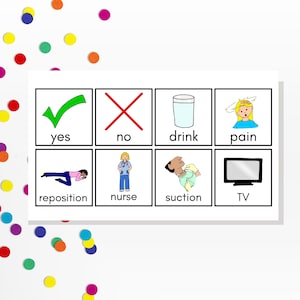 May include: A communication board with eight colorful squares. Each square has a picture and a word. The words are: yes, no, drink, pain, reposition, nurse, suction, and TV.