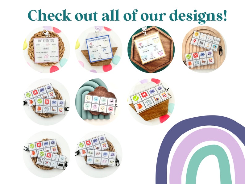 May include: An assortment of colorful visual aids, including cards with text and icons, displayed on various wooden and woven backgrounds. The text "Check out all of our designs!" is at the top. The cards are designed to assist with daily routines and emotional regulation.