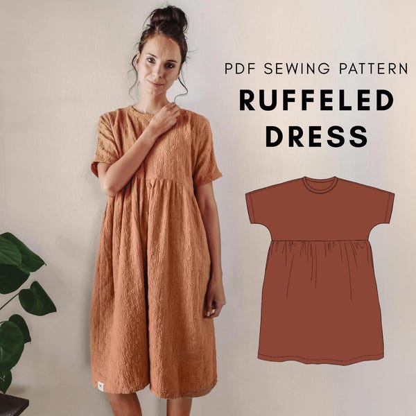 Dress with sleeves and gathered skirt / smock dress / sewing pattern /SIZE 32-46 // 4-18 // 0-14 / ENGLISH