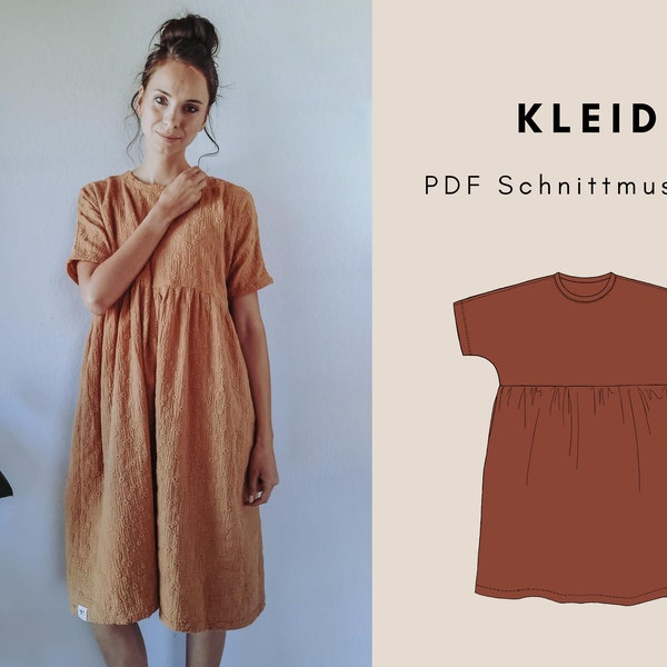 Kleid mit Ärmeln und Raffung Digitales Pdf Schnittmuster von Größe 32-46 / DEUTSCH