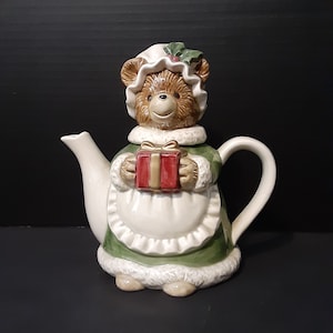 Hand Painted Decorative Teapot Featuring Lovely Bear Holding Wrapped Gift Vintage