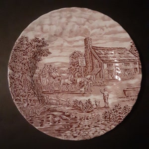 Bursley Red Transferware Plate Dish Featuring Horses and English Countryside Vintage