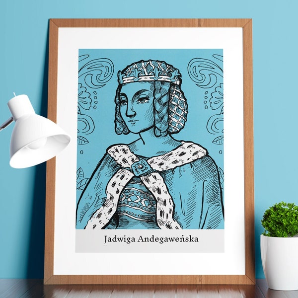 Jadwiga de Anjou - Ilustración - A4 - Arte popular - Folclore - Reina de Polonia - Cartel - Impresión - Historia de la moda - Traje - Vestido - Polonia