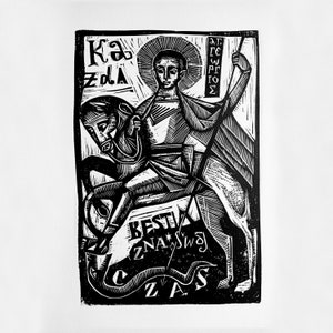 Saint George fighting the dragon- Woodcut - Print - Graphic - Polish Folklore - Icon - Christ - Folk Art - Workshop Graphics - Our lady