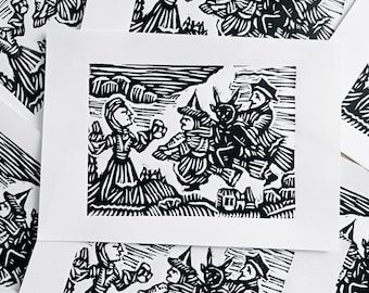 Sábado de brujas - Linocut - Impresión - Impresión - Gráficos - Bruja - Bruja - Diablo - Halloween