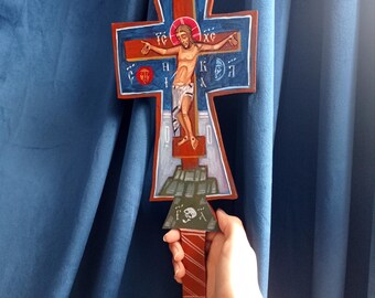 Crucifix - Christ - Icon - Portrait - Image - Folklore - Poland - Cross - Painting - Religion - Hand painted - Handmade - Big
