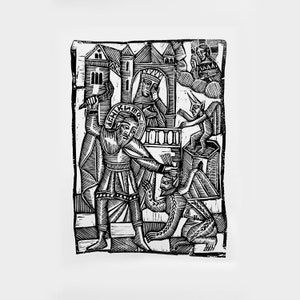 May include: Black and white woodcut print depicting a scene from a religious story. A man in a robe and crown stands on a balcony, while a man in armor with a sword fights a demon. The text "AGHI KLAMA" is visible in the image.