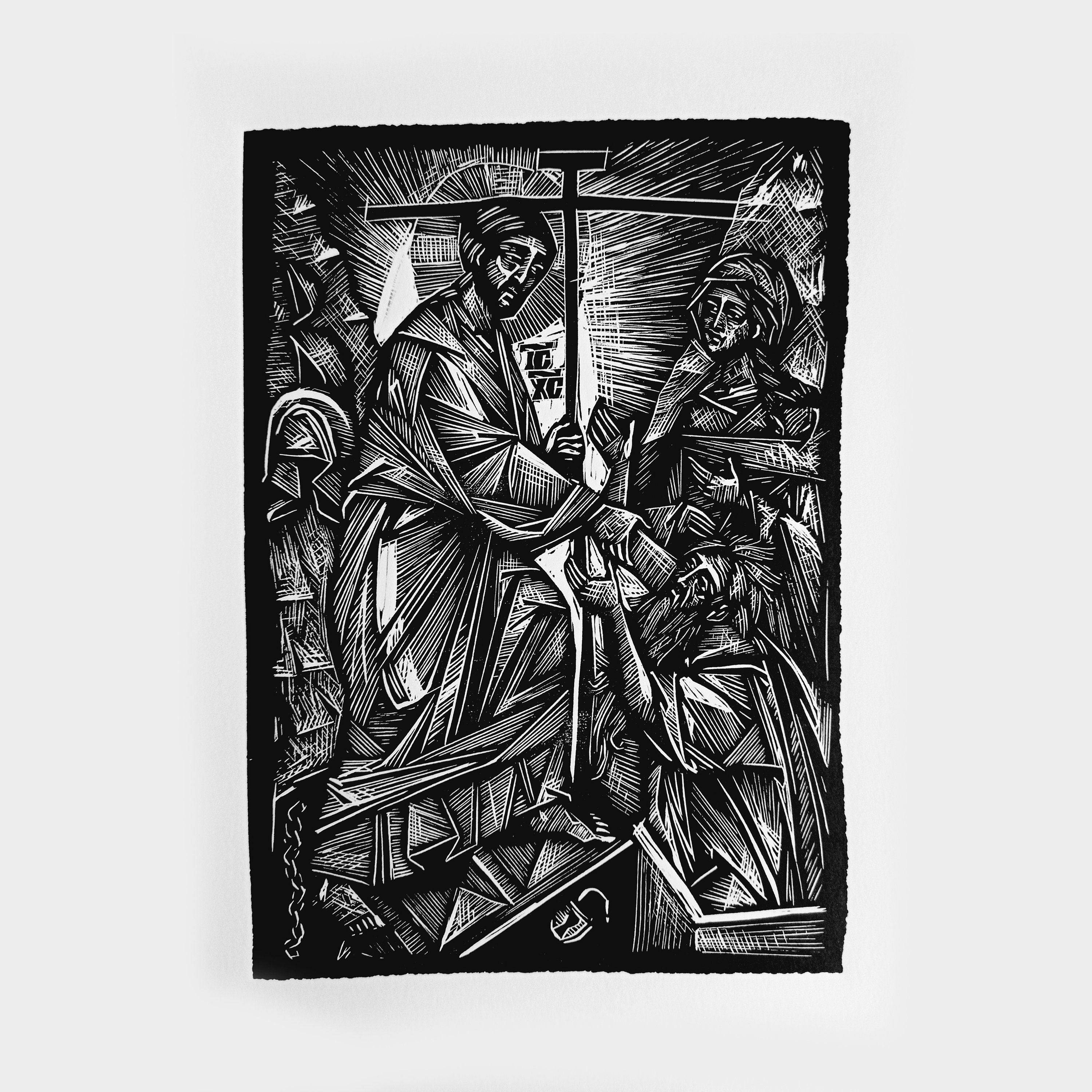 Descent Into the Abyss - Linocut - Graphic - Christ - Eve - Adam