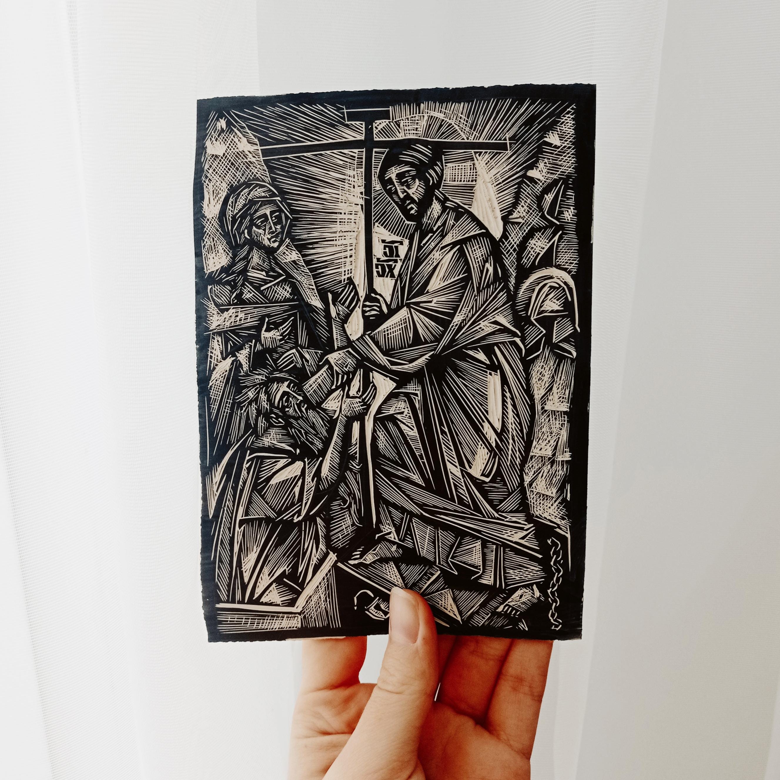 Descent Into the Abyss - Linocut - Graphic - Christ - Eve - Adam
