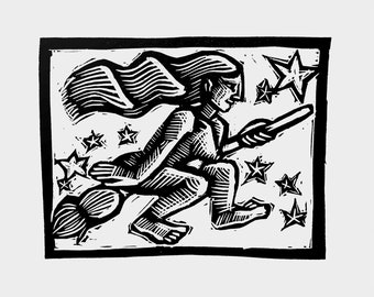 Witch - Linocut - Print - Graphics - Demon - Slavic mythology - Folklore - Folk Art - Poland - Sorceress - Sabbath