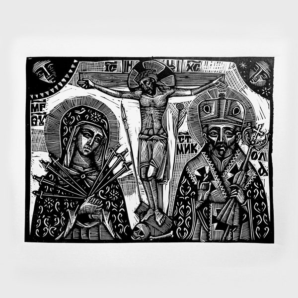 Crucifixion - Notre-Dame des Sept Flèches - Père Noël - Linogravure - Impression - Graphisme - Folklore polonais - Art populaire - Estampe - Christ