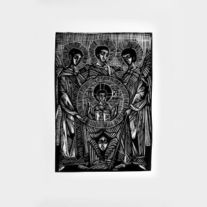 May include: Black and white woodcut print depicting three figures with halos surrounding a central figure with a halo and the text "XC".