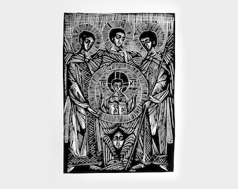 Synaxis of St. Archangel Michael and the Disembodied Powers - Linocut - Print - Folk Art - Archangel Raphael - Archangel Gabriel