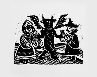 Devilish Deals - Linocut - Print - Print - Graphics - Folklore - Folk Art - Poland - Devil - Demons - Witch - Witchcraft