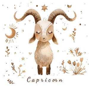 Clipart znaku zodiaku Koziorożca, grudzień styczeń urodziny astrologia, akwarela PNG, natychmiastowe pobieranie, cyfrowe PNG, przezroczyste tło
