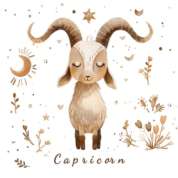 Capricorn Zodiac Sign Clipart, December January Birthday Astrology, Watercolor PNG, Instant Download, Digital PNG, Transparent Background
