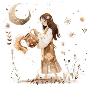 Verseau signe du zodiaque Clipart, janvier février anniversaire astrologie PNG, aquarelle PNG, téléchargement immédiat, numérique PNG, fond Transparent