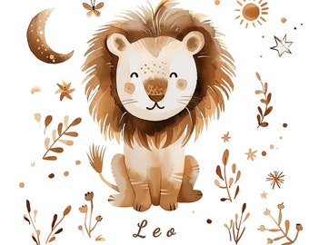 Leo Zodiac PNG Sign Clipart, July August Birthday Astrology PNG, Watercolor Graphic, Instant Download, Digital File, Transparent Background