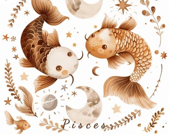 Pisces Zodiac Sign PNG Clipart, February March Birthday Astrology PNG, Watercolor PNG, Direct Download, Baby Shower, Transparent Background