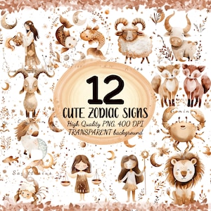 Bundle de 12 cliparts PNG signe du zodiaque, zodiaque naissance astrologie Clipart, céleste, clipart zodiaque, zodiaque aquarelle PNG, fond Transparent