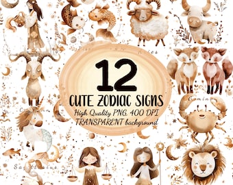 12 Zodiac Sign PNG Clipart Bundle, Zodiac Birth Astrology Clipart, Celestial, Zodiac Clipart, Watercolor Zodiac PNG, Transparent Background