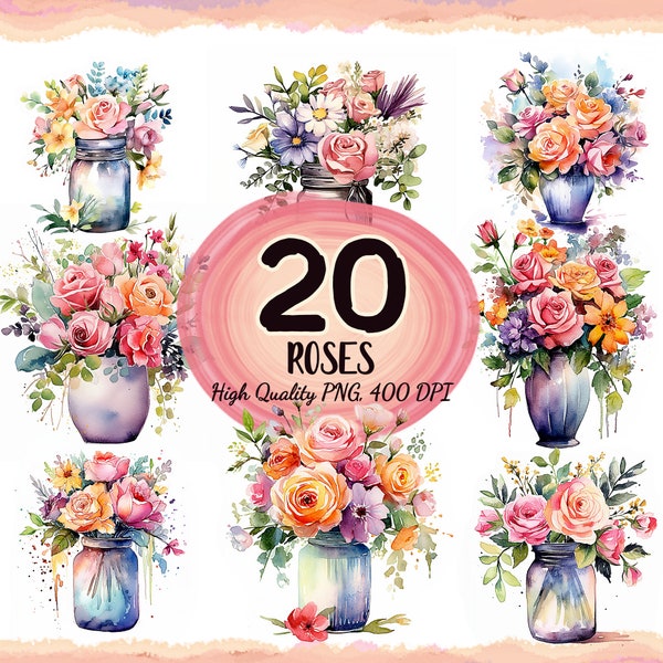 Watercolor Rose Flowers Clipart, Bouquet, Rose in Vase, Floral Clipart Bundl, Wedding Clipart, Sublime Clipart PNG, Illustrative Clipart