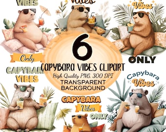 6 Watercolor Capybaras Clipart, Capybara Vibes Only Clipart Bundle, Capybara Clipart PNG, Cute Capybara Clipart PNG, Transparent Background