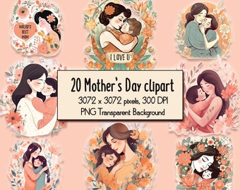 Mother's Day Clipart, Mother and Daughter Vintage, Mom Daughter Retro, Digital Download , Mother's Love, Transparent PNG, Commercial use