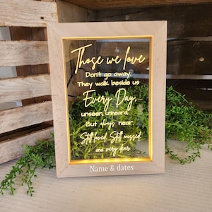 Sympathetic light up plaque frames. When tomorrow starts-A limb has fallen-As I sit heaven-Those we love engraved acrylic. personalize avail