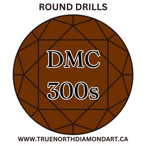 May include: A brown diamond-shaped graphic with the text "DMC 300s" inside. The graphic is surrounded by a black outline and a white background. The text "ROUND DRILLS" appears above the graphic and "WWW.TRUENORTHDIAMONDART.CA" appears below the graphic.