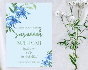 Blue Floral Bridal Shower Invitation Template Editable in Canva