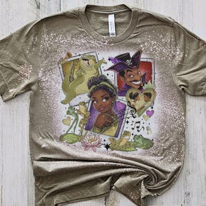 Tiana Polaroid tshirt, bleached disney princess shirt, kids princesses shirt, girls disney Frog bleach washed, bleached princess tee
