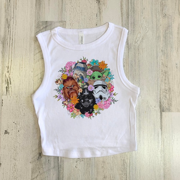 Star Wars Floral Crop Tank, girls storm trooper Tank, baby yoda darth vader Crop, r2d2 tank top, Princess Leia clonewars