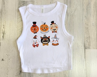 Retro Halloween Crop Tank, Pumpkin Cat Ghost, Old Style Horror Top, Womens Spooky Crop, Trick or Treat Tee