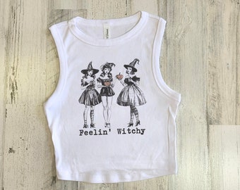 Witch Crop tank, Retro Halloween Crop Tank, Trick or Treat Baby Tee, Ghost Hocus Broomstick Top, Halloween Crop Top