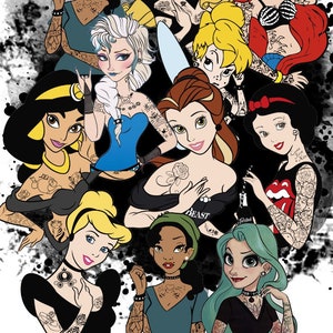 May include: A digital illustration of ten Disney princesses with tattoos. The princesses are dressed in black clothing and have various tattoos on their arms, legs, and chests. The princesses include Snow White, Cinderella, Ariel, Belle, Jasmine, Tiana, Mulan, Pocahontas, Rapunzel, and Elsa. The text "Which Princess" is at the bottom of the image.