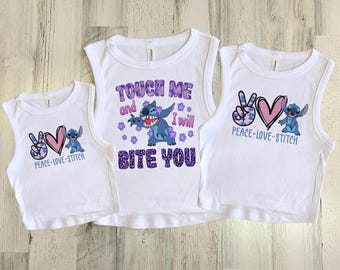 Haut court en point de croix, t-shirt bébé Bite You, Peace Love Ohana, débardeur Mean Stitch, débardeur court pour filles