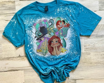 Camiseta Polaroid de Ariel, camiseta de La Sirenita, princesas infantiles bajo el mar, camiseta de La Sirenita de Disney para niñas lavada con lejía, camiseta blanqueada