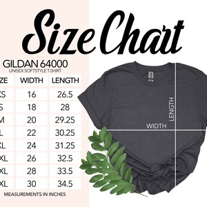 K&ouml;nnte beinhalten: Gr&ouml;&szlig;entabelle f&uuml;r Gildan 64000 Unisex Softstyle T-Shirt. Die Tabelle zeigt die Breite und L&auml;nge in Zoll f&uuml;r die Gr&ouml;&szlig;en XS bis 4XL.