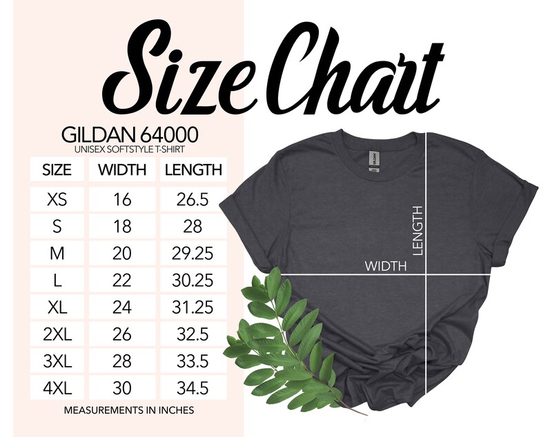 K&ouml;nnte beinhalten: Gr&ouml;&szlig;entabelle f&uuml;r Gildan 64000 Unisex Softstyle T-Shirt. Die Tabelle zeigt die Breite und L&auml;nge in Zoll f&uuml;r die Gr&ouml;&szlig;en XS bis 4XL.