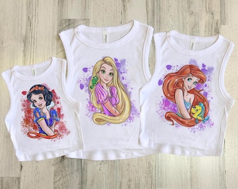 Princess Crop Tank, Disney Crop Kids, Toddler princesses crop top, girls disney princess crop tank, Aurora, Tiana, Ariel, Rapunzel tshirt