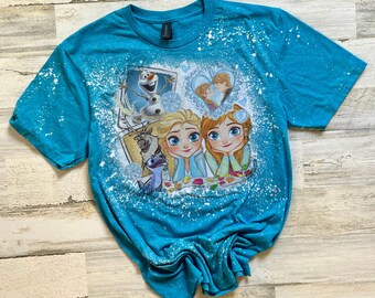 Camiseta polaroid Anna Elsa, camiseta de princesa da Disney desbotada, camiseta infantil de princesas, camiseta feminina Disney Frozen desbotada com alvejante, camiseta de princesa desbotada
