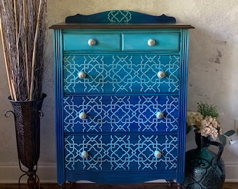 SOLD***| Custom Order Sample | Blue Boho Dresser | Blue Ombré Dresser | Blue Turkish Dresser | Blue Teal Dresser | Vintage Dresser |