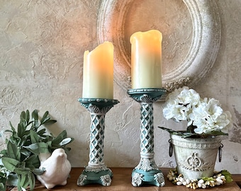 Vintage Candleholders | Ornate Candleholders | Green Candleholders | Cottage French Country Candleholders | Pillar Candleholder|Pillar Riser