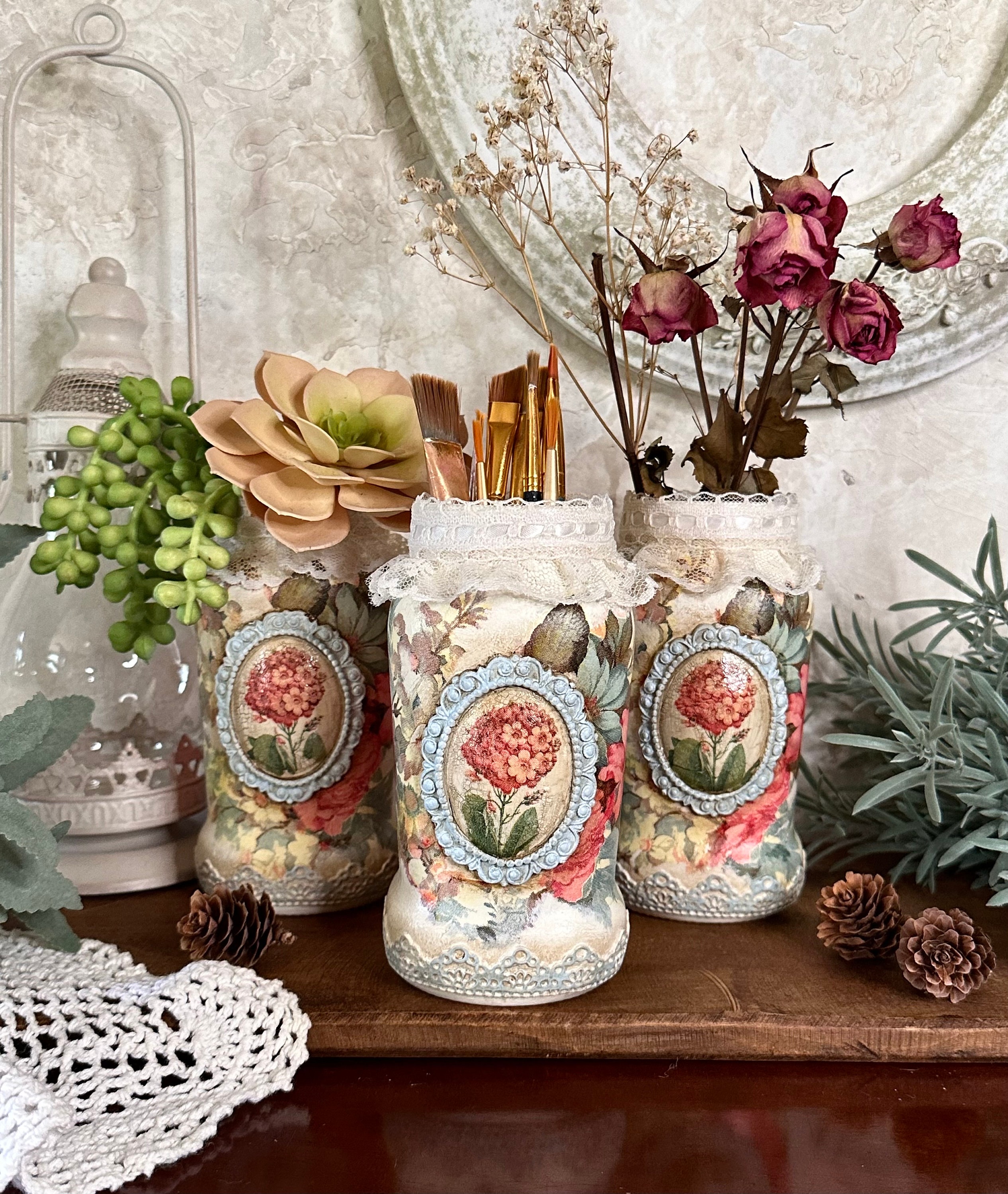 Decorative Glass Jar | Shabby Chic Jar | Cottage French Country Jars | Decoupage Jar | Floral Jars | Silverware Holder Jars | Ornate Jars